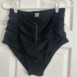 High-Waist Ruched Bikini Bottom - Black